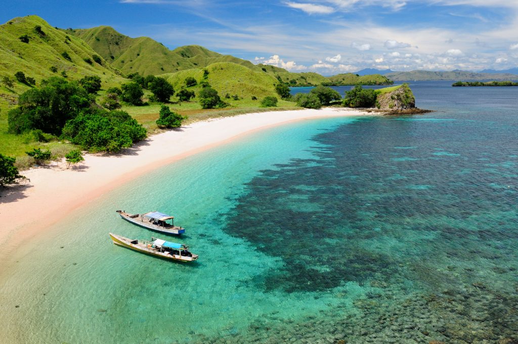 Pink Beach in Komodo with Boats