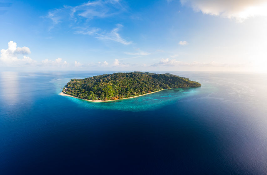 Aerial view tropical beach island reef caribbean sea